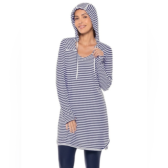 Coolibar Seacoast Swim Cover-Up Hooded Dress Black & White Stripe Beachy Coastal - Picture 1 of 16